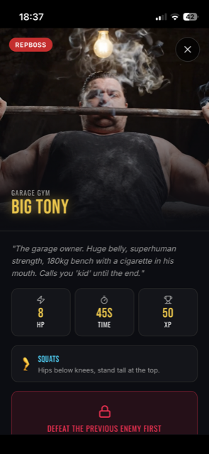 RepBoss boss screen — Big Tony, squats