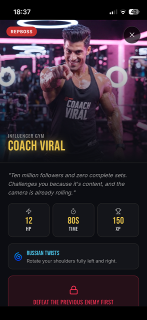 RepBoss boss screen — Coach Viral, russian twists
