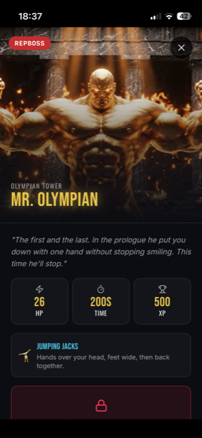 RepBoss boss screen — Mr. Olympian, jumping jacks