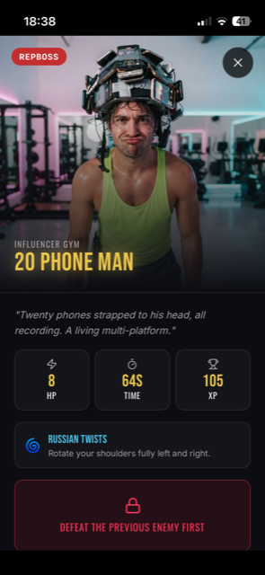 RepBoss boss screen — 20 Phone Man, russian twists